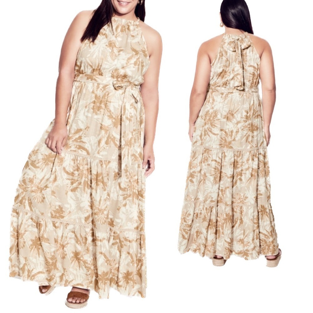 ARNA YORK Raine Halter Neck Linen Blend Cream & Tan Maxi Dress